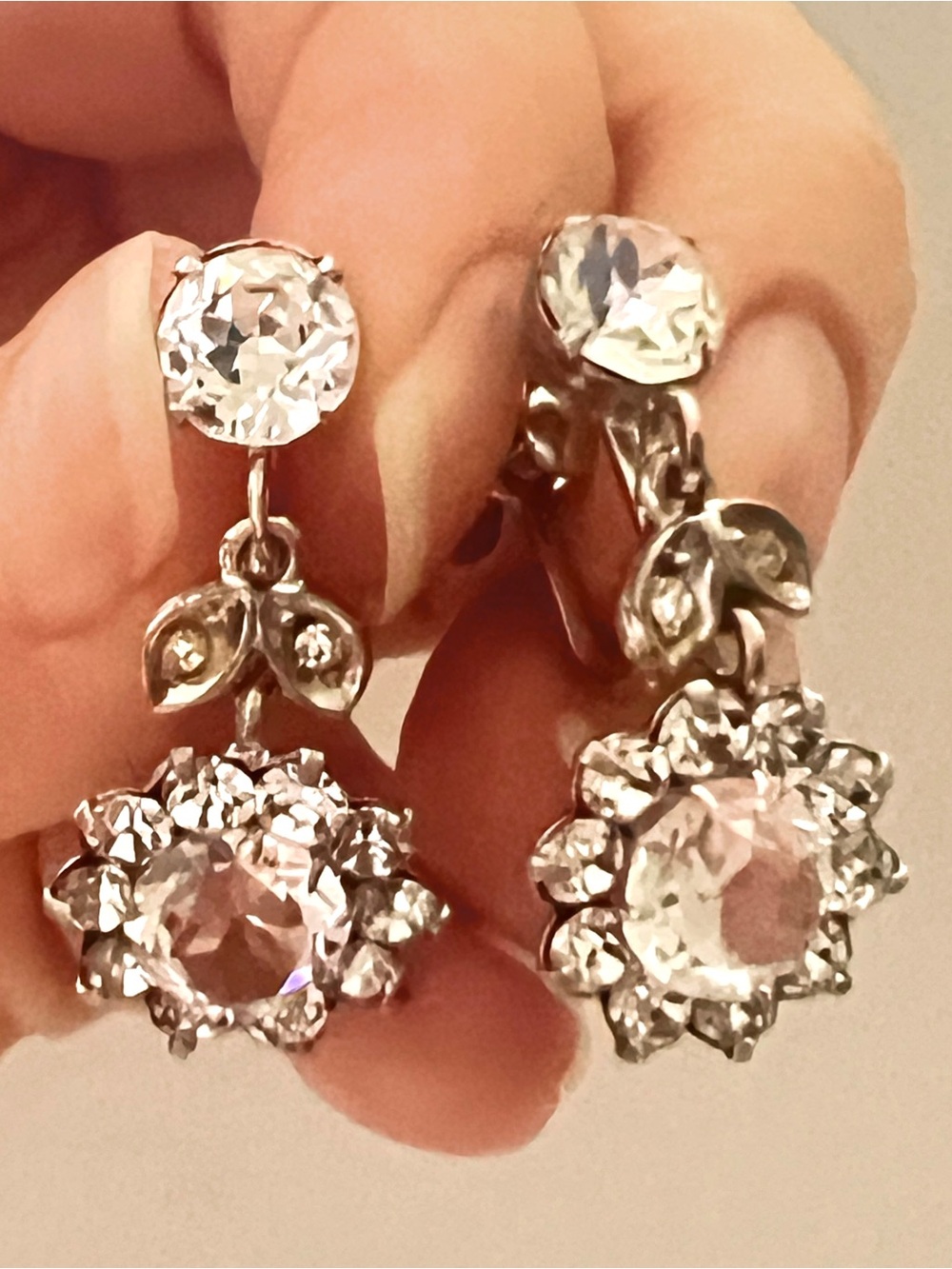 Vintage 50s MCM Sterling Silver Rivoli Cut  Rhinestone Drop Screw-Back Earrings